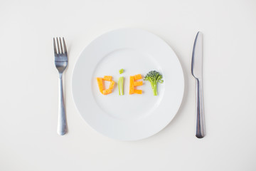 close up of plate with vegetable diet letters