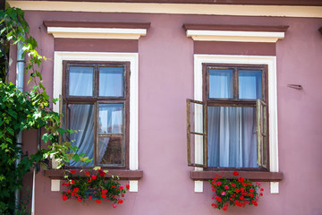 Fototapeta na wymiar Pink facade with windows and flowers from Sighisoara city