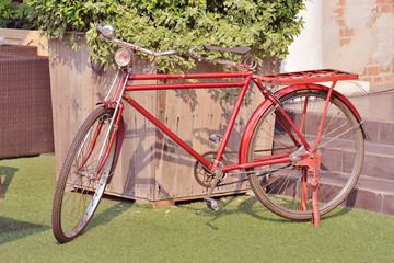 Fototapeta na wymiar Red vintage bicycle on grass portrait retro