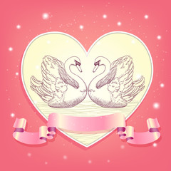 heart background with hearted swans and ribbon