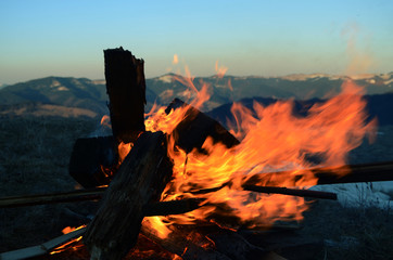 Fireplace in the mountains at night