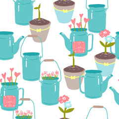 vector seamless pattern with flowers and plants watering © vavavka
