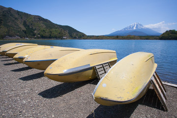 Mountain Fuji and Lake Shoji in spring season
