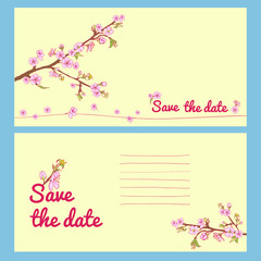 Set of flowering hand drown cherry blossom card. 
