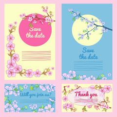 Set of flowering hand drown cherry blossom card. 