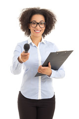 african american female journalist with microphone taking interv