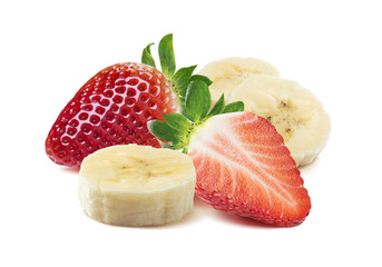 Whole and half strawberry, banana pieces square composition isol © yggdrasil