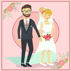 Bride and groom holding their hand in pink theme background