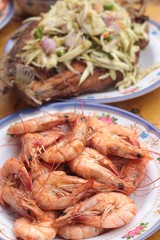 BBQ shrimp delicious and fried fish with mango salad
