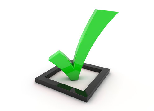 3D render illustration, green tick symbol in a black checkbox