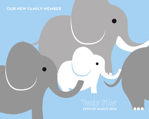Announcement card for a baby with elephants. Vector design