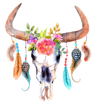 Watercolor bull skull with flowers and feathers