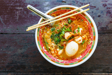 prawn noodles soup with egg in bowl chinese style