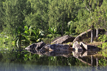 Beautiful lake with stone blocks near the Le Chevalier Bay