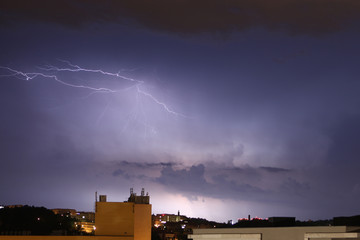 Night thunderstorm and lightning in Prague, Czech Republic.