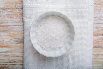 Salt in white bowl