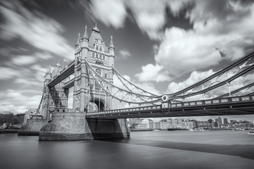 B&W image of Tower Bridge and river Thames in London