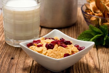 Bowl full of cornflakes with cranberries