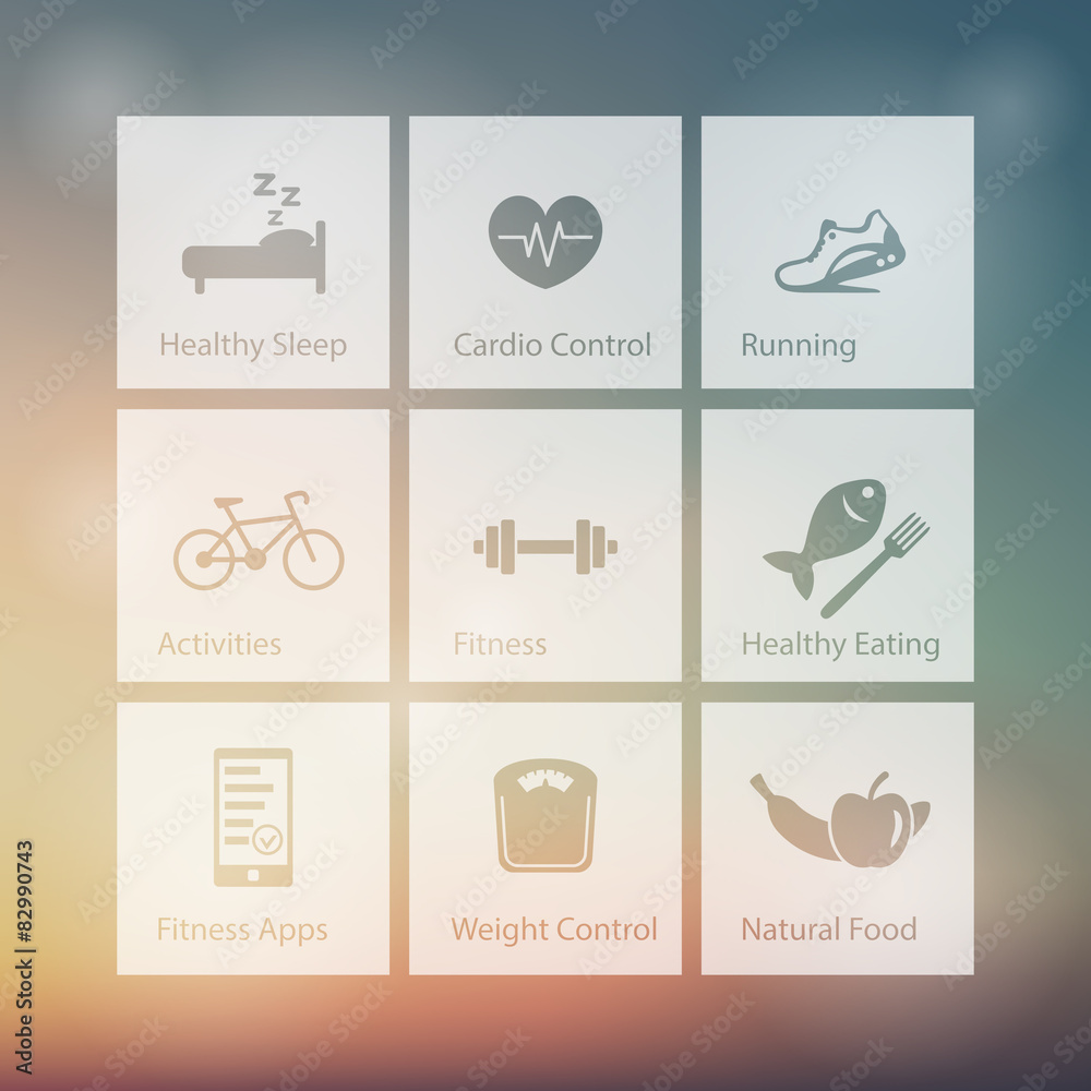 Poster Healthy Living square white icons on blur background