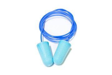 blue ear plugs on white background