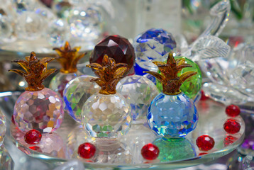 Beautiful glass made showpieces in a street shop
