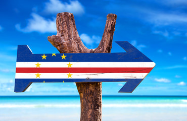 Cape Verde Flag wooden sign with beach background