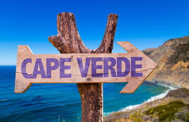Cape Verde wooden sign with coast background