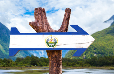 El Salvador Flag wooden sign with mountains background