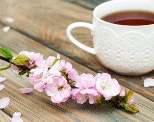 Fototapeta na wymiar Cup of tea and sakura blossom