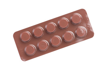 Brown blister pack on white show medicine and healthcare backgro