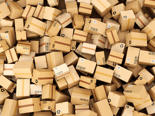 Stack of cardboard delivery boxes or parcels. Warehouse concept - obrazy, fototapety, plakaty