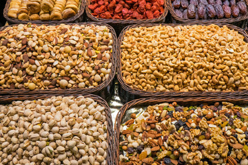 Nuts and cereals seen at the Boqueria market in Barcelona