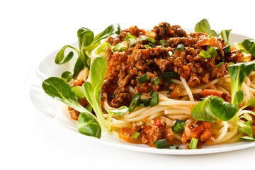 Pasta with meat, tomato sauce and vegetables 