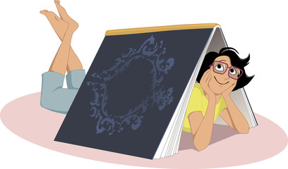Woman lying under a giant book