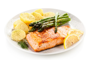 Grilled salmon boiled potatoes and asparagus 