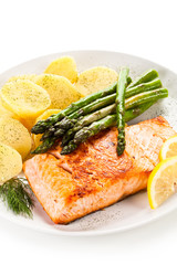 Grilled salmon boiled potatoes and asparagus 
