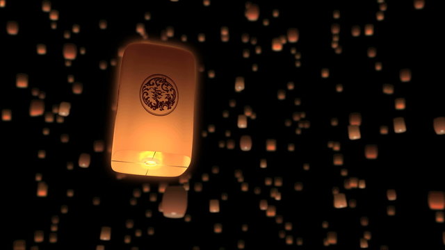 animated Kongming lantern fly away in the dark sky