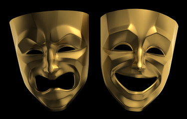 Theater Masks. Tragicomic theater grotesque masks isolated on black background. Golden colored version. 3D-rendering graphics.