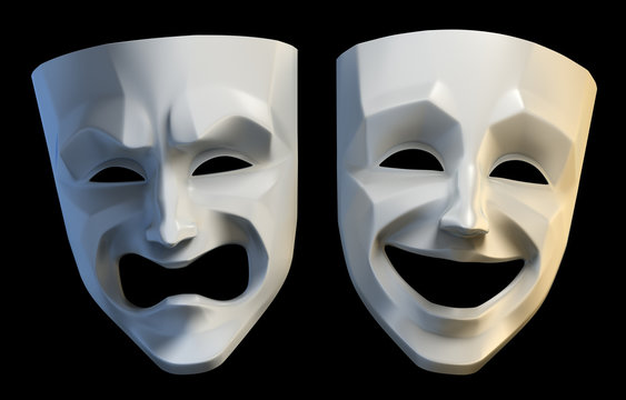 Theater Masks. Tragicomic theater grotesque masks isolated on black background. White colored version. 3D-rendering graphics.