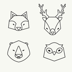 Trendy outline animals heads icons set. Owl, deer, fox and bear