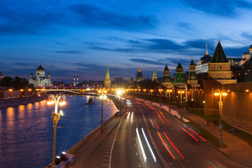 Moscow Kremlin and Kremlevskaya Embankment at dusk, Moscow