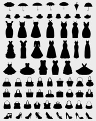 Black silhouettes of  hats, handbags, shoes and umbrellas