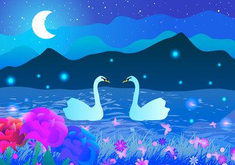 Vector illustration. Two swans in the lake.