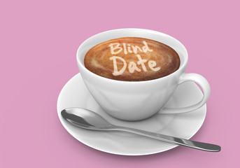 Latte art message in a coffee cup that says blind date