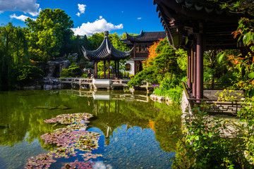Pagoda and pond at the Lan Su Chinese Garden in Portland, Oregon