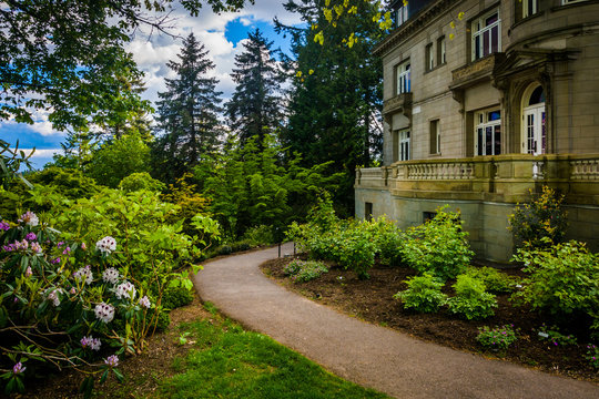 The Pittock Mansion and gardens at Pittock Acres Park, in Portla
