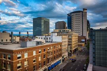 View of buildings along 3rd Avenue in Portland, Oregon.