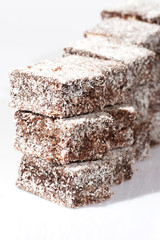 Group of Lamingtons on a white background.