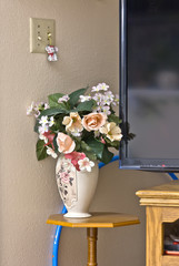Still life plastic flowes TV and stand.
