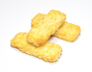 Hash brown pattie on white background..